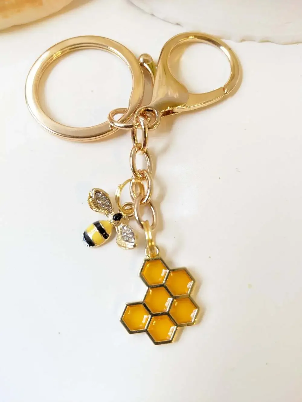 Bumble Bee Honeycomb Gold tone keyring keychain rhinestone stone bag charm gift